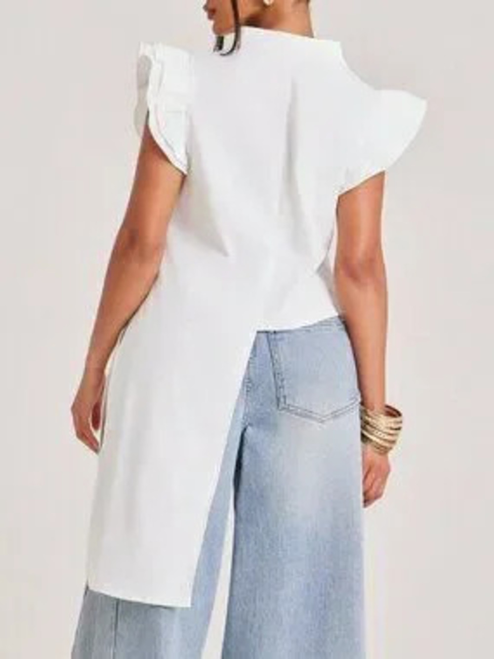 ZARA White Casual Women's Ruffle Asymmetrical Long Plain Regular Fit Top